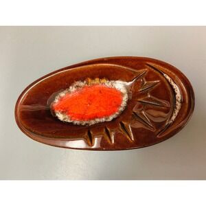 Mid Century Modern Ceramic Ashtray Orange Accent Brown Starburst Design